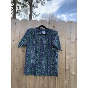 Vintage California Krush Top Women Blue Green Short Sleeve button up‎ medium